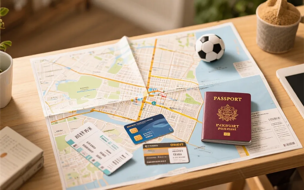 城市地图与球票、护照、交通卡放在一起的旅行规划桌面